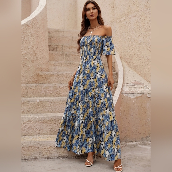 Dresses & Skirts - Allover Floral Print Shirred Off Shoulder Ruffle Hem Dress